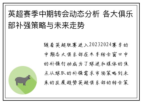 英超赛季中期转会动态分析 各大俱乐部补强策略与未来走势