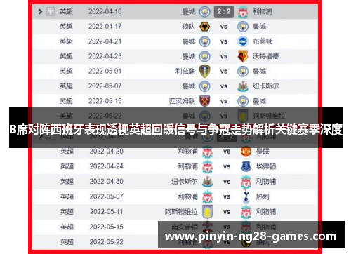 B席对阵西班牙表现透视英超回暖信号与争冠走势解析关键赛季深度 B席对阵西班牙表现透视英超回暖信号与争冠走势解析关键赛季深度